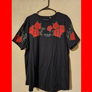 GUESS Black T-Shirt with Red Rose Design